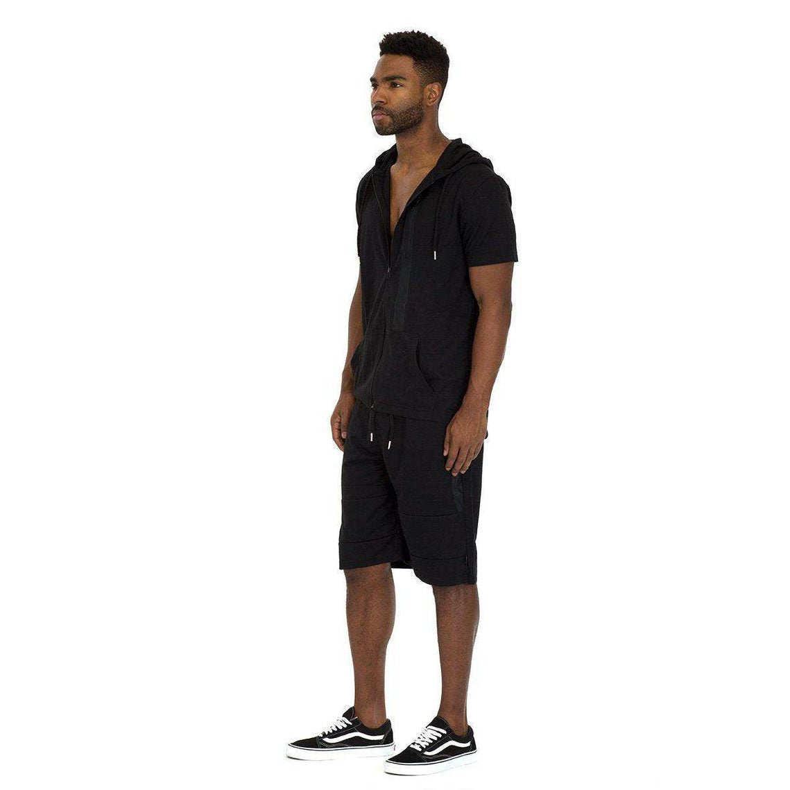 Men's black cage outfit for men featuring a zip-up hoodie and matching shorts for a stylish summer look