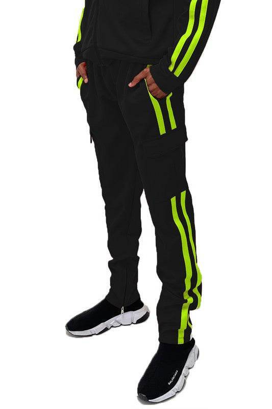 Men's 2PC Track Set with Black Cargo Jacket and Pants featuring Neon Stripes for a Stylish Look