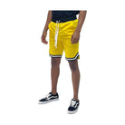 Bright yellow men's shorts featuring black chevron trim shorts for a stylish summer look