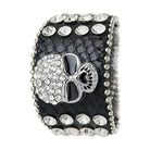 Black crystal skull cuff bracelet featuring a rhinestone-adorned skull design and metallic accents