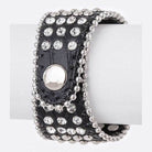 Stylish black crystal skull cuff bracelet with silver studs and a secure snap closure