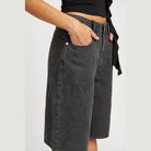 Black Denim Bermuda Culottes Shorts With Pockets - VacationGrabs