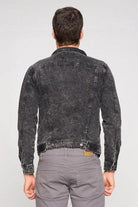 Back view of black denim jacket for men by Blue Age featuring a classic design and faded finish