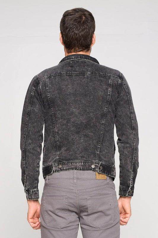 Back view of black denim jacket for men by Blue Age featuring a classic design and faded finish