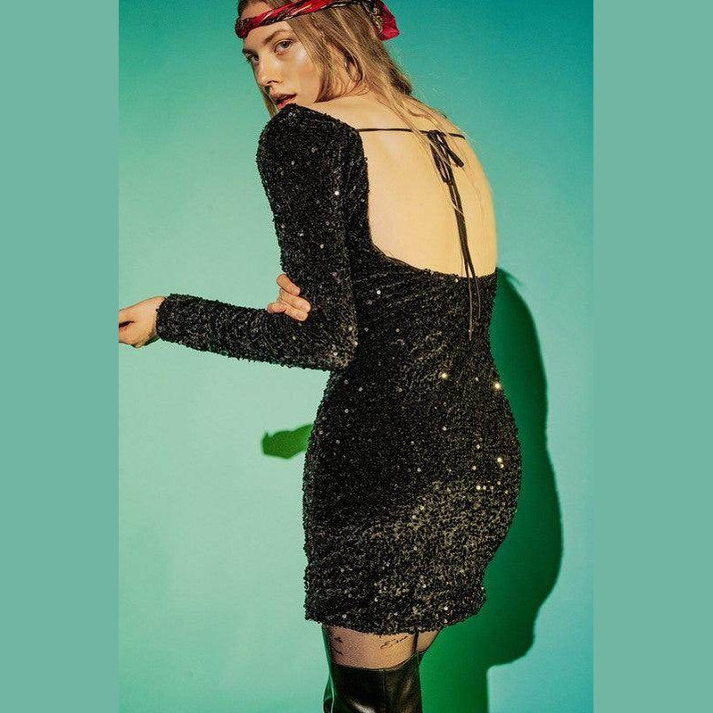 Stylish black embellished mini dress by Q2 featuring a backless design and long sleeves