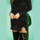 Stylish black embellished mini dress featuring a flattering silhouette and sparkling details