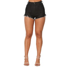 GJG Denim black high rise denim shorts for women with frayed hem and button closure