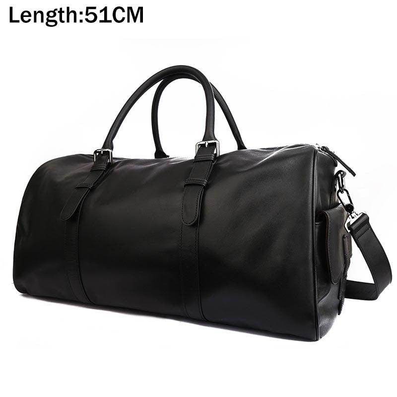 Black leather weekend bag with sturdy handles and adjustable shoulder strap for stylish travel