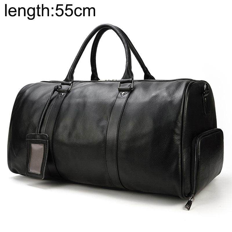 Black leather weekend bag from VacationGrabs with spacious interior and sturdy handles