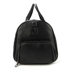 Black leather weekend bag with zippered front pocket and sturdy handles for easy travel