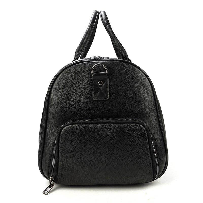 Black leather weekend bag with zippered front pocket and sturdy handles for easy travel