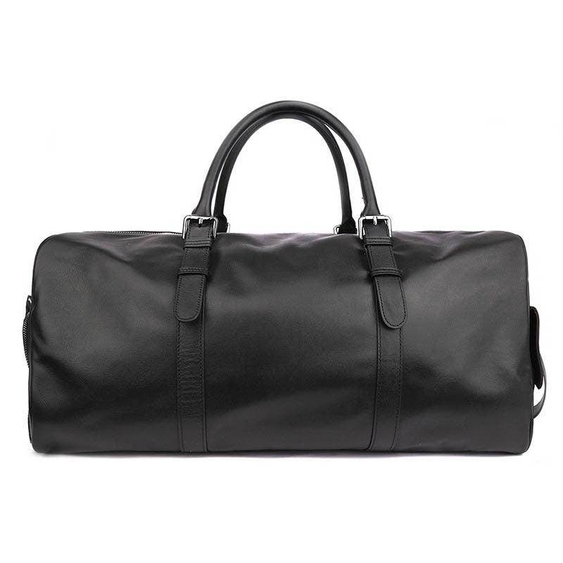 Black leather weekend bag by VacationGrabs, perfect for stylish travel and weekend trips