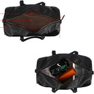 Spacious black leather weekend bag with open zipper, showcasing interior storage options and items inside