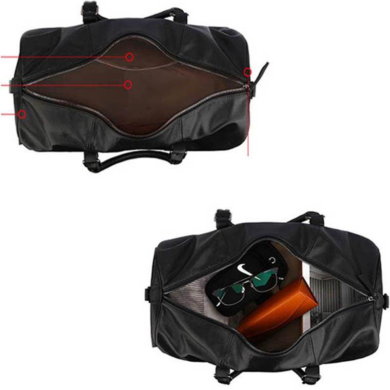 Spacious black leather weekend bag with open zipper, showcasing interior storage options and items inside