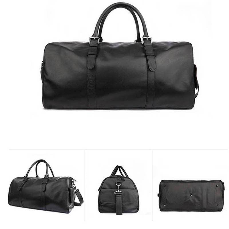 Stylish black leather weekend bag with sturdy handles and adjustable shoulder strap