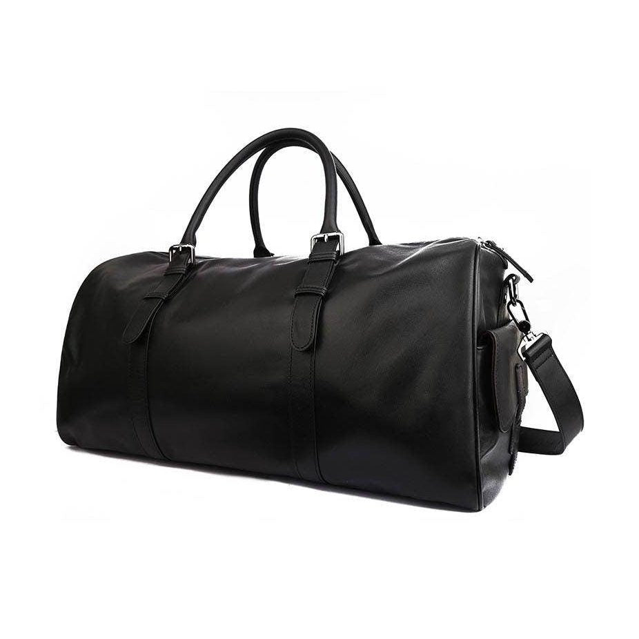 Spacious black leather weekend bag with sturdy handles and adjustable shoulder strap for travel convenience