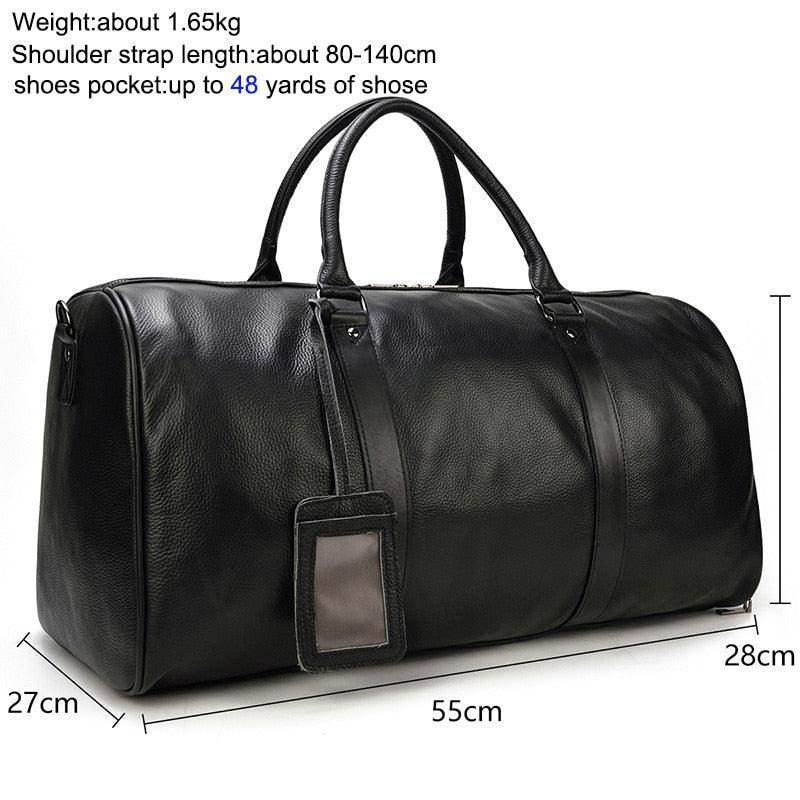 Black leather weekend bag with spacious design, shoulder strap, and shoe pocket for travel convenience