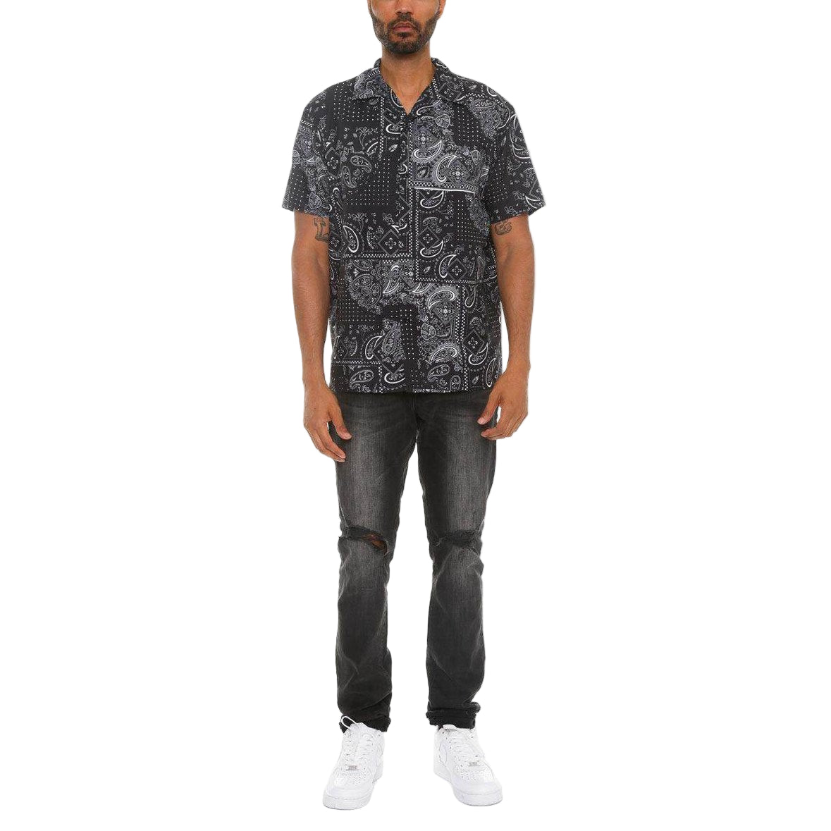 Men's black paisley button down shirt from VacationGrabs with short sleeves and unique pattern