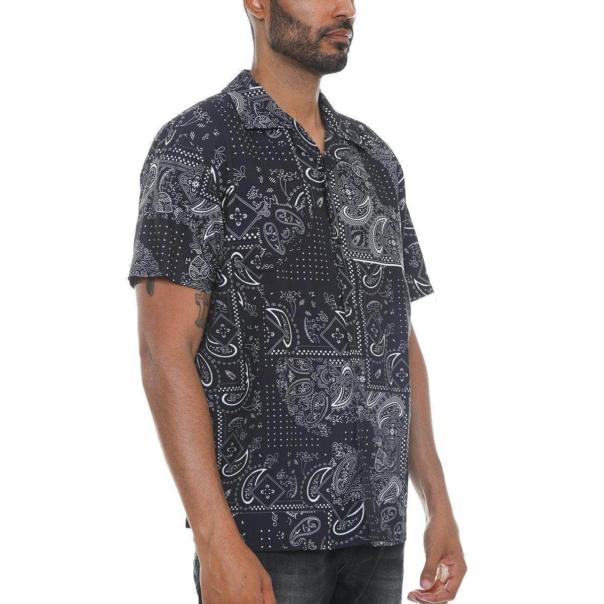 Men's black paisley button down shirt with a relaxed fit and stylish design for casual wear