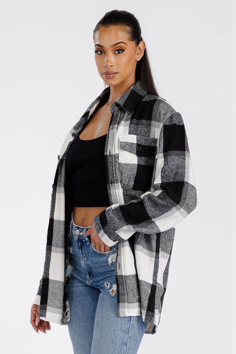 WEIV Women's Black Plaid Boyfriend Flannel Shirt with Button Closure and Relaxed Fit