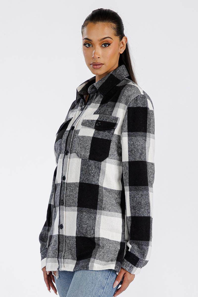WEIV Women's Black Plaid Boyfriend Flannel Shacket with Chest Pockets for Casual Outfits