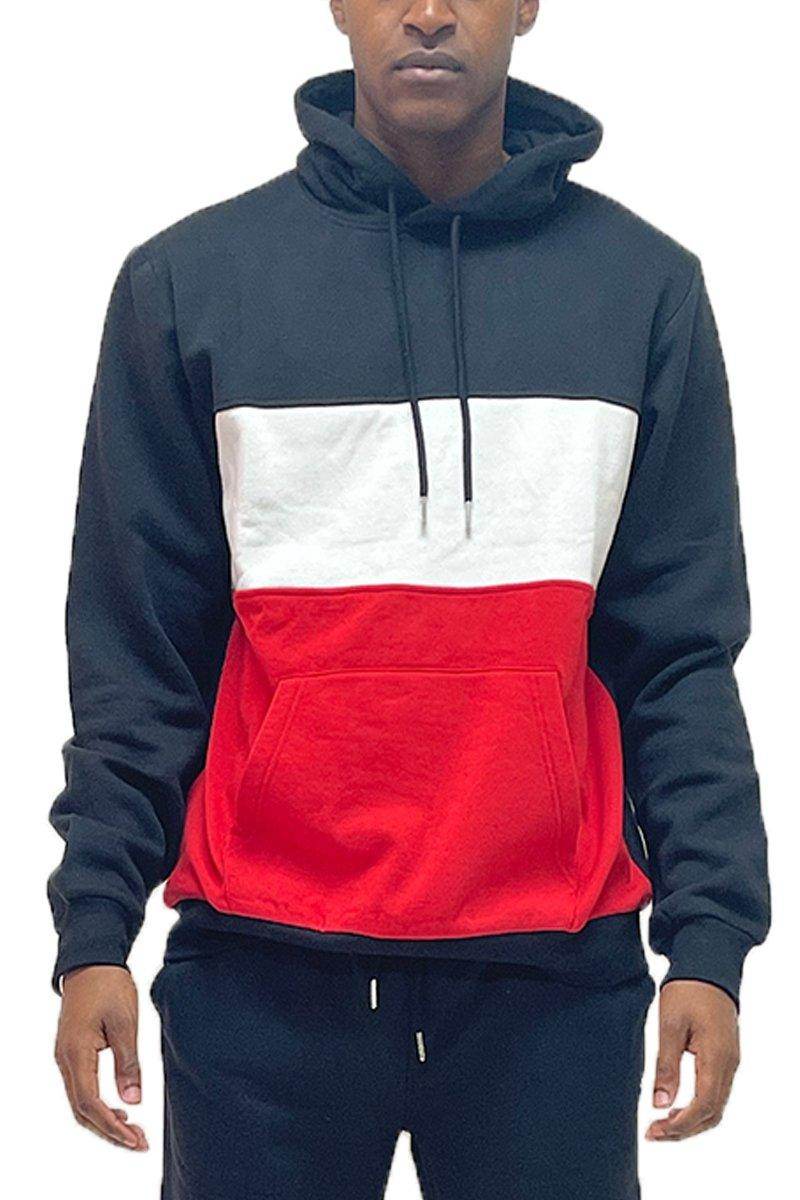 Men's black red pullover hoodie with a color block design and front pouch pocket