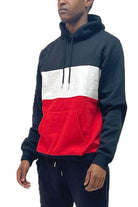 Men's black red pullover hoodie with color-block design and front pocket for casual style