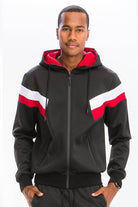 Black red track suit for men featuring a hooded jacket with contrasting stripes and stylish design