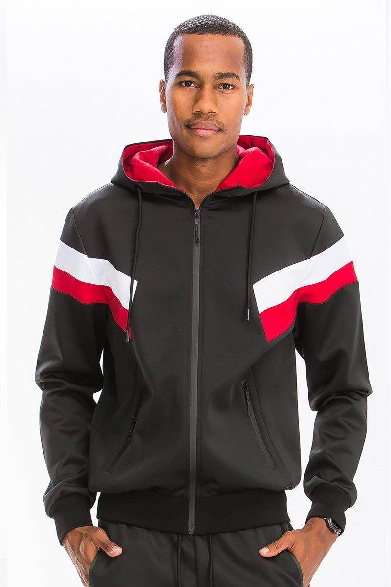 Black red track suit for men featuring a hooded jacket with contrasting stripes and stylish design
