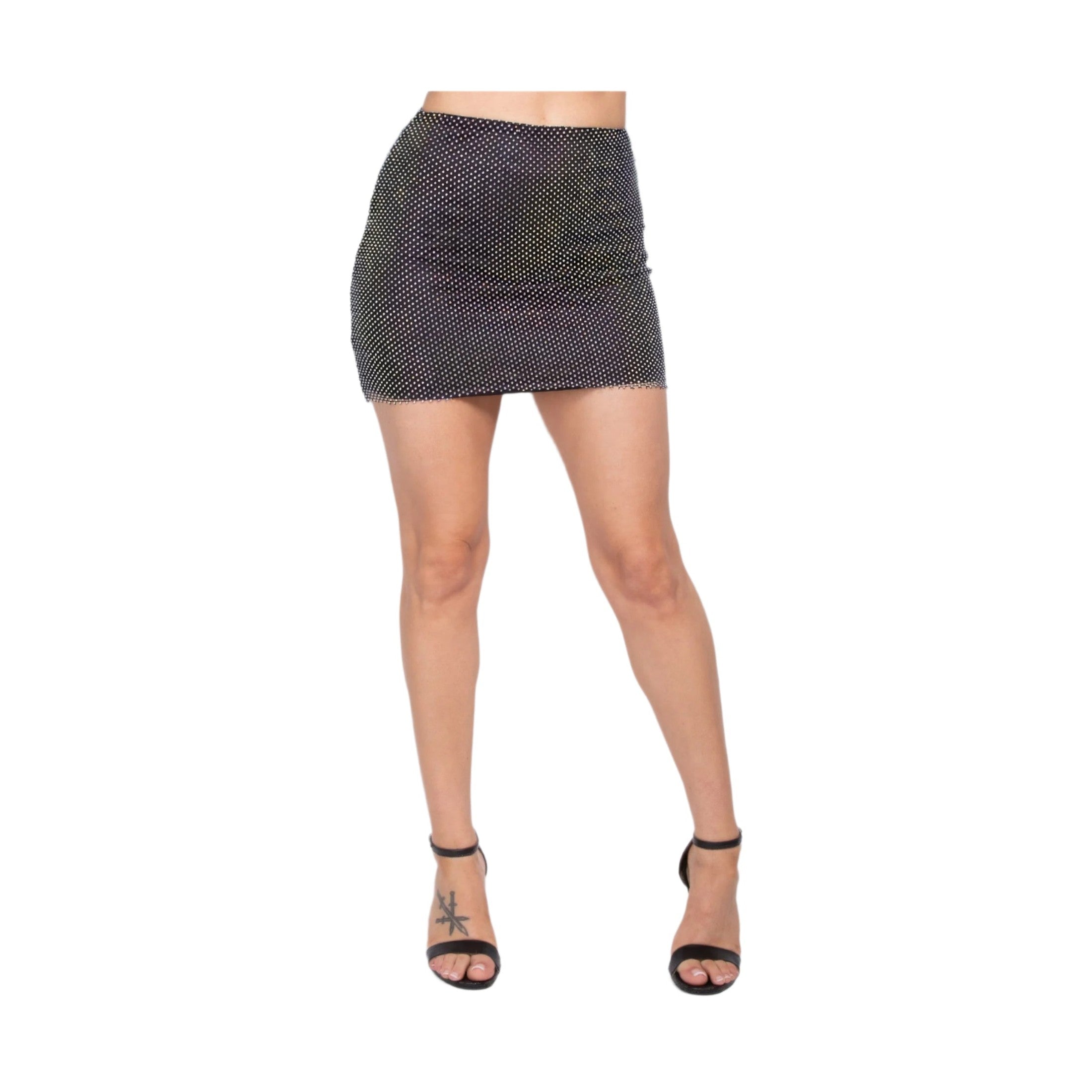 VacationGrabs women's black rhinestone mesh skirt paired with black open-toe heels