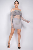VacationGrabs women's black rhinestone mesh skirt with matching off-shoulder top and black heels