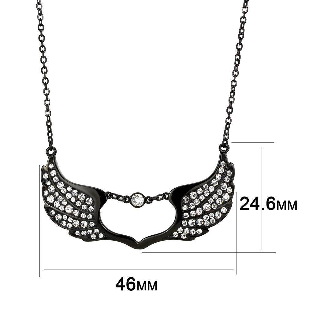 Black stainless steel necklace with angel wings design adorned with sparkling rhinestones
