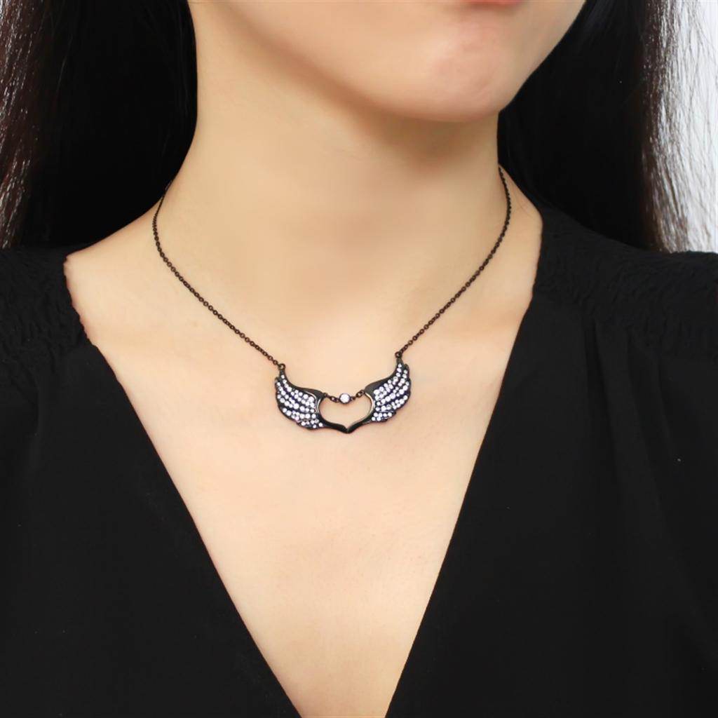 Black stainless steel necklace with angel wings and heart design, perfect for trendy women