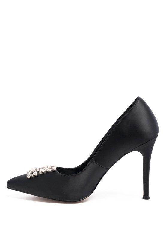 Stylish black stiletto shoes with a sparkling decorative buckle for elegant occasions
