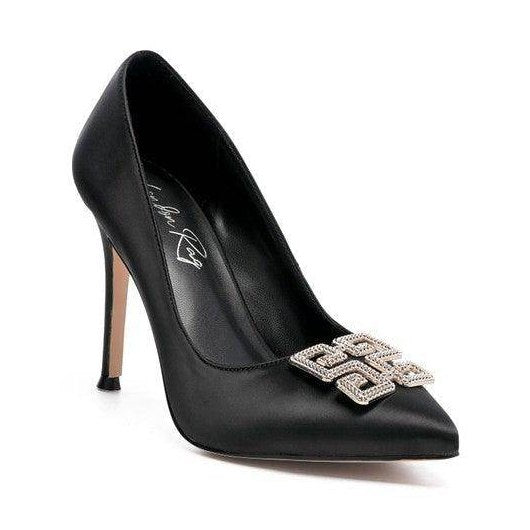 Elegant black stiletto shoes by Rag Company featuring a decorative rhinestone buckle