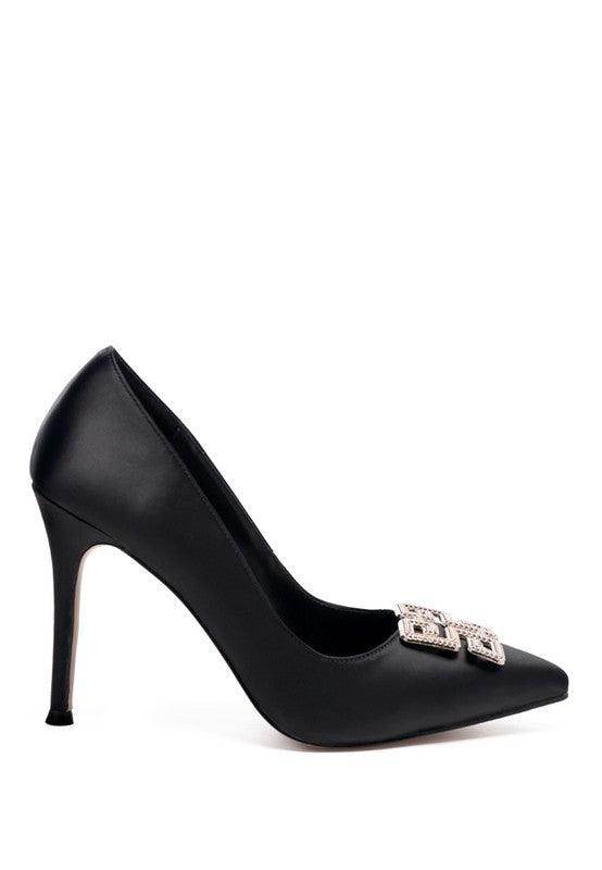 Elegant black stiletto shoes with a decorative buckle for a classy look