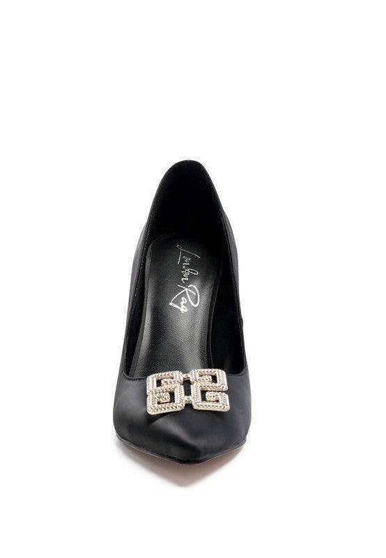 Rag Company black stiletto shoes with elegant rhinestone embellishment for stylish occasions