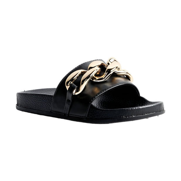 Black slide sandals with gold chain detail by Rag Company stylish vacation sandals for women