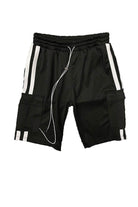 Black trendy cargo shorts men with side stripes and an elastic waistband for comfort and style