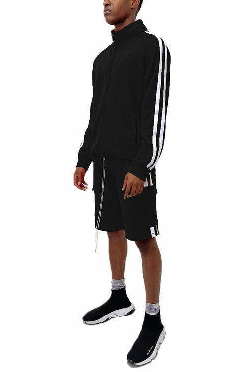 Men's 2PC Track Set featuring black trendy cargo shorts men and a matching zip-up jacket