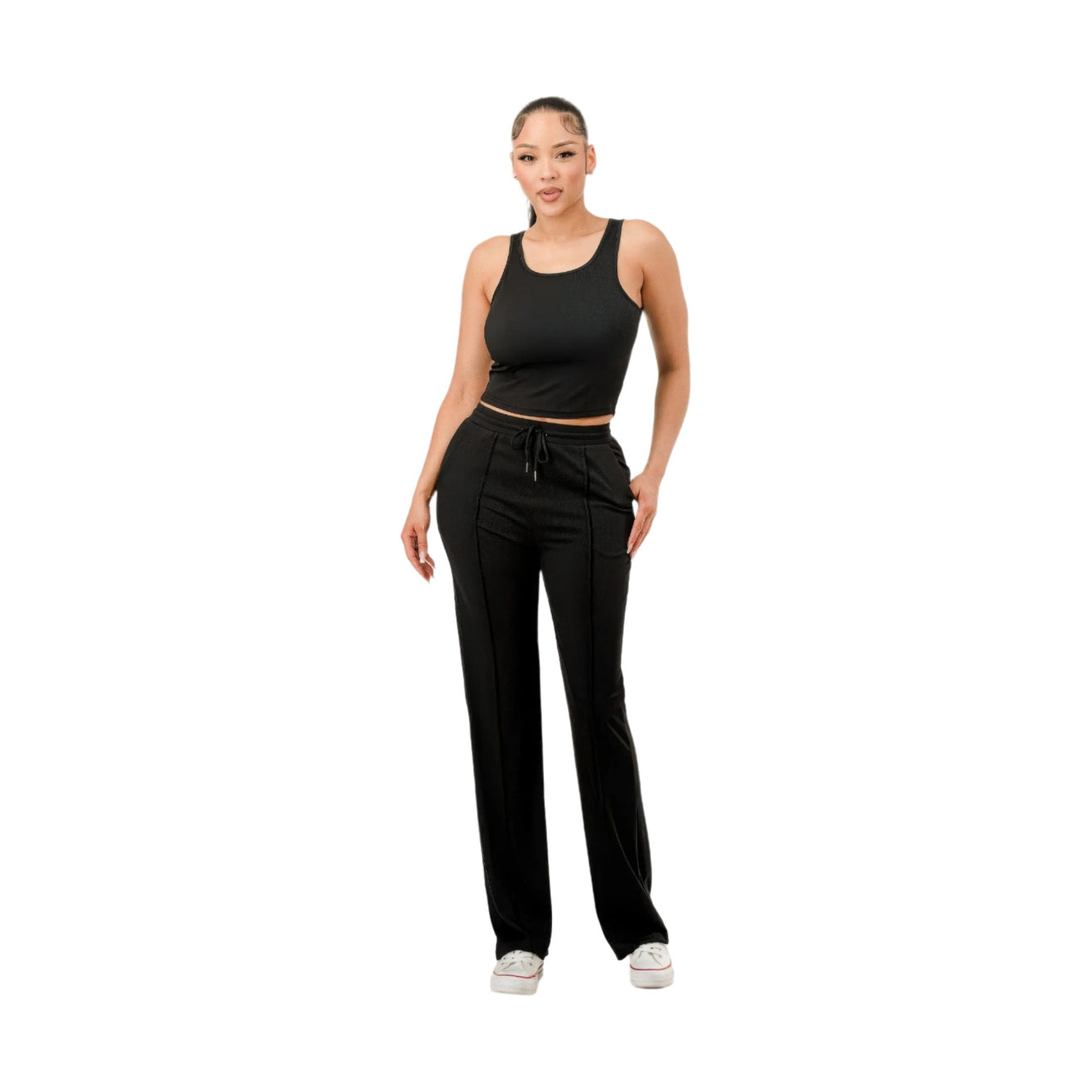 VacationGrabs womens matching tank and pants set in black with drawstring waist and sleeveless tank
