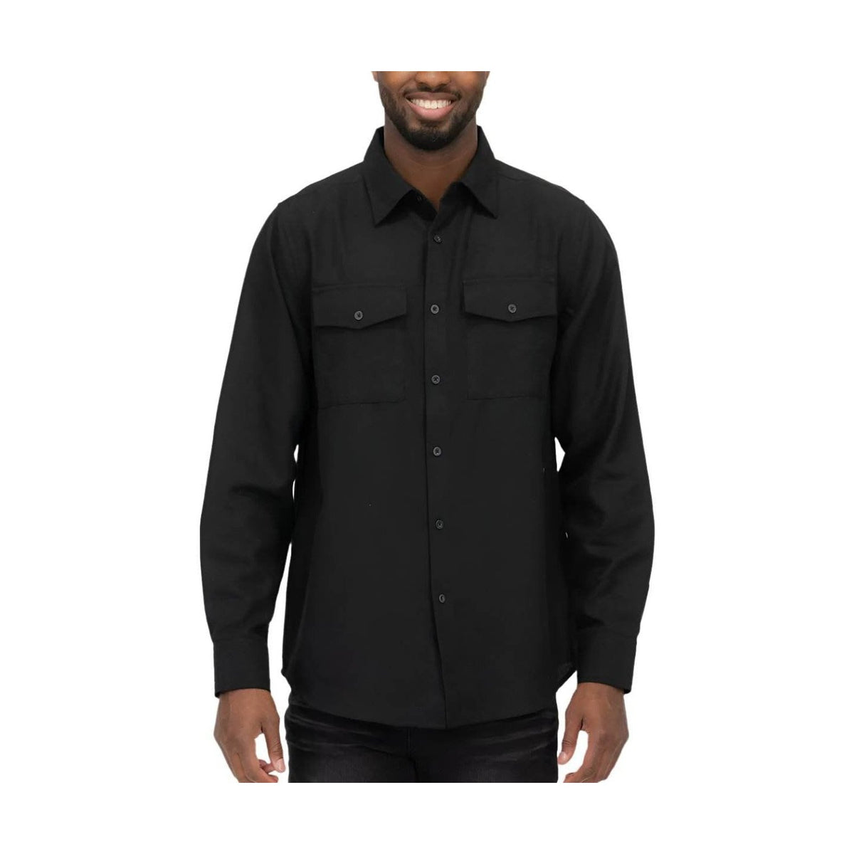 WEIV Men's Black Flannel Shirt with Long Sleeves and Button Chest Pockets, a perfect blank long sleeve shirt