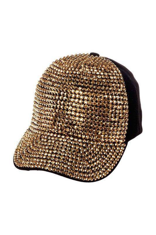 Bling baseball hat women in gold rhinestones with a black mesh back for a stylish look