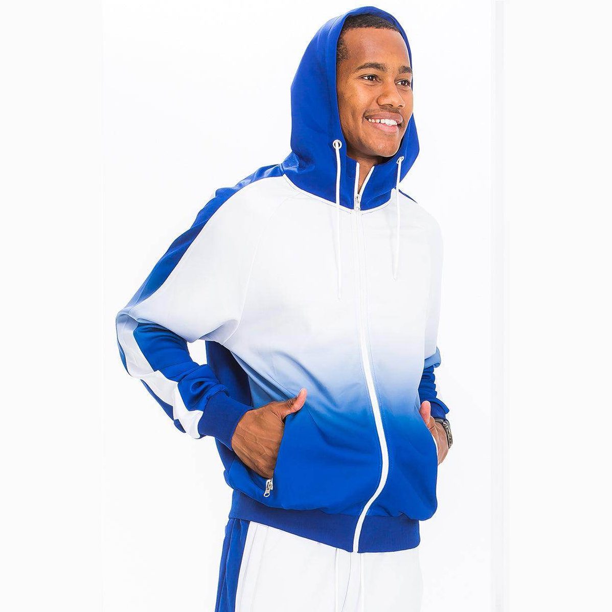 Men's blue and white athletic set featuring a stylish hoodie and comfortable pants for active wear