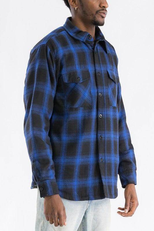 WEIV blue black plaid shirt men with button-up front and chest pockets, perfect for casual style