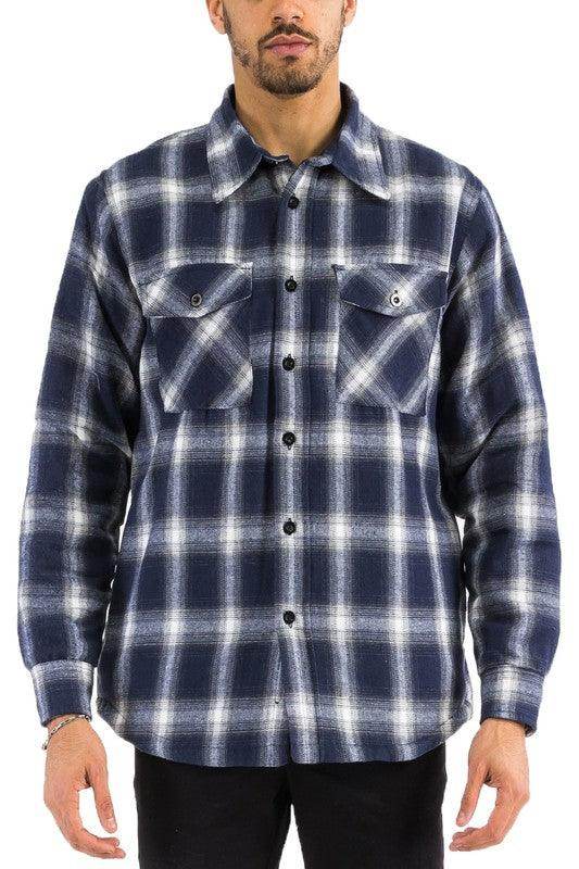 WEIV Men's Blue Black Plaid Shirt Men featuring a classic fit with two front pockets