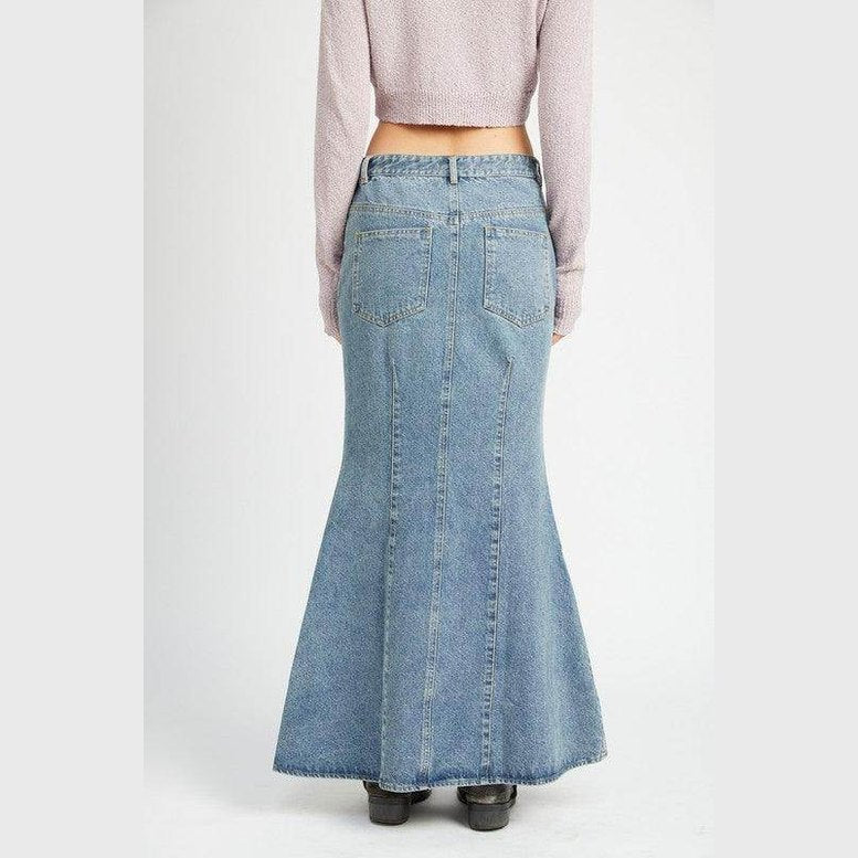 Back view of a Blue Fluted Jean Skirt by Emory Park, featuring a flared design and classic denim style.