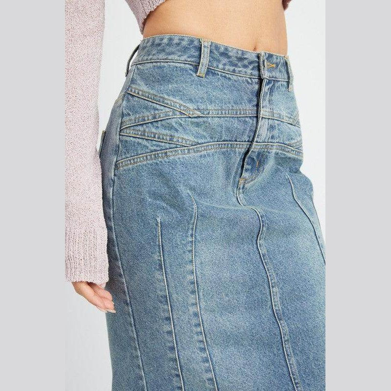 Emory Park Blue Fluted Jean Skirt featuring a stylish high-waisted design and trendy denim fabric