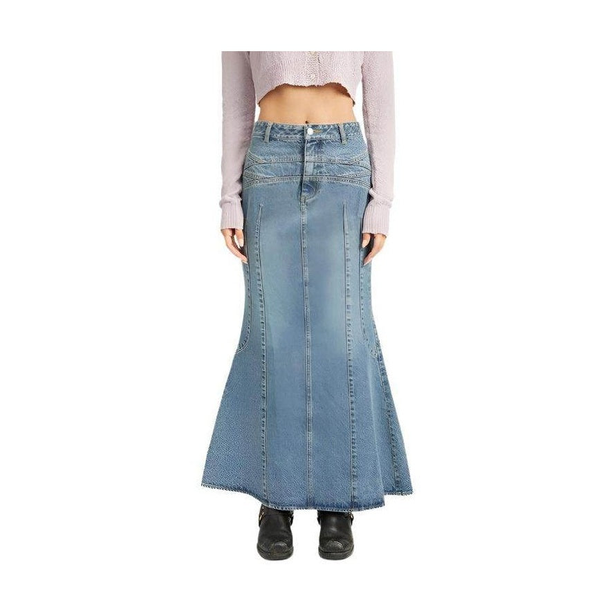 Emory Park Blue Fluted Jean Skirt featuring a unique flared design and denim fabric, perfect for casual outfits