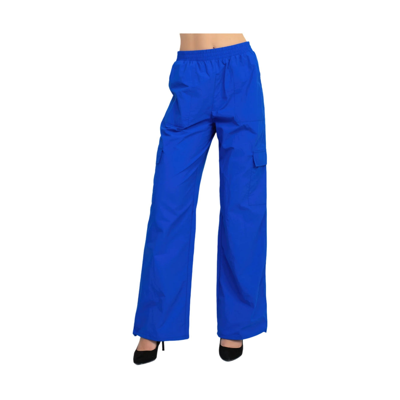 VacationGrabs women's high-rise cargo parachute pants in vibrant blue with elastic waistband and side pockets